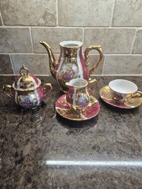 ESD Courting Couple Porcelain Japan Tea Set  Cup Saucer Teapot Gold Vintage EUC